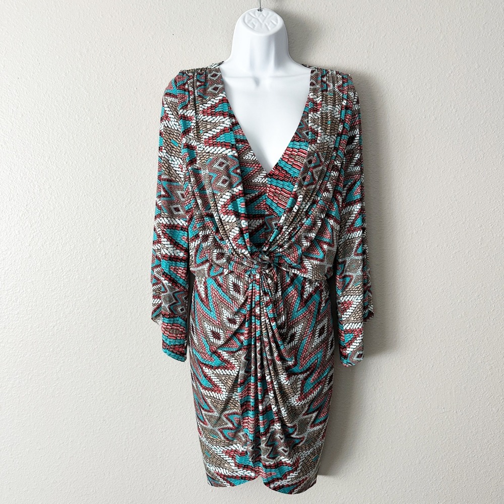 Misa Los Angeles Teget Twist Front Bell Sleeve Geometric Mini Dress size‎ small